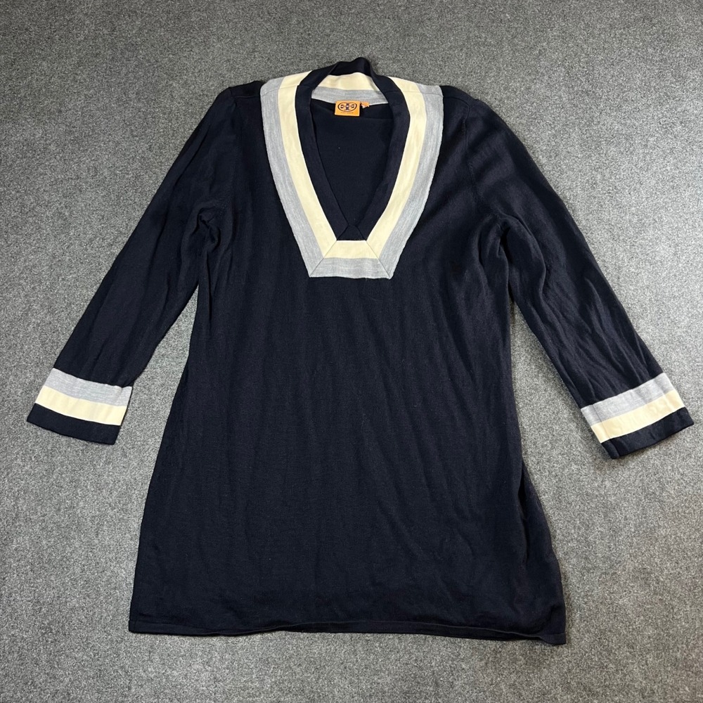 Tory Burch Navy Merino Wool V-Neck Tunic Sweater Striped Trim XL 90003109